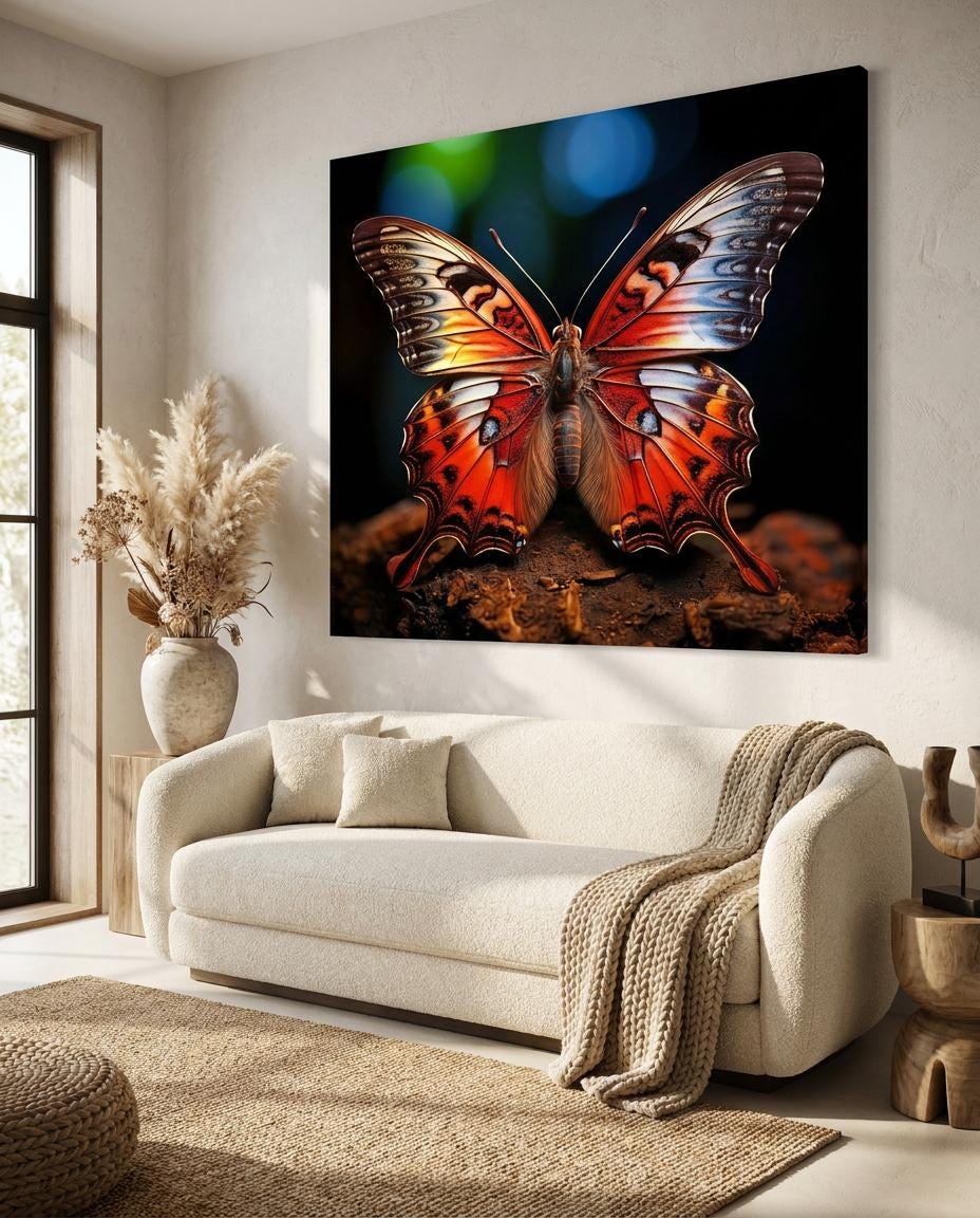Vibrant Butterfly Wall Art: Detailed Red Orange Blue Insect Nature Home Decor Print