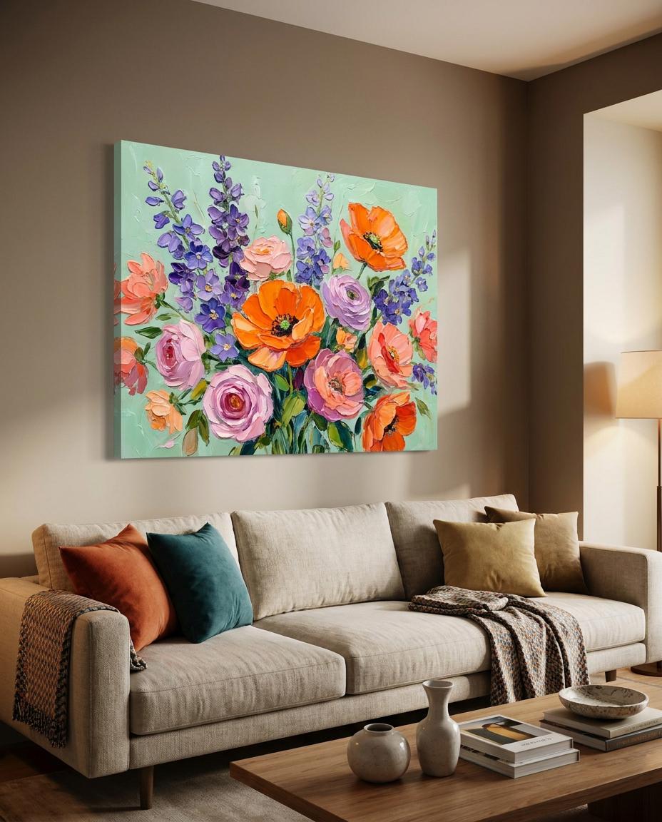 Colorful Textured Flower Painting: Poppy Rose Impasto Art Mint Green Wall Decor
