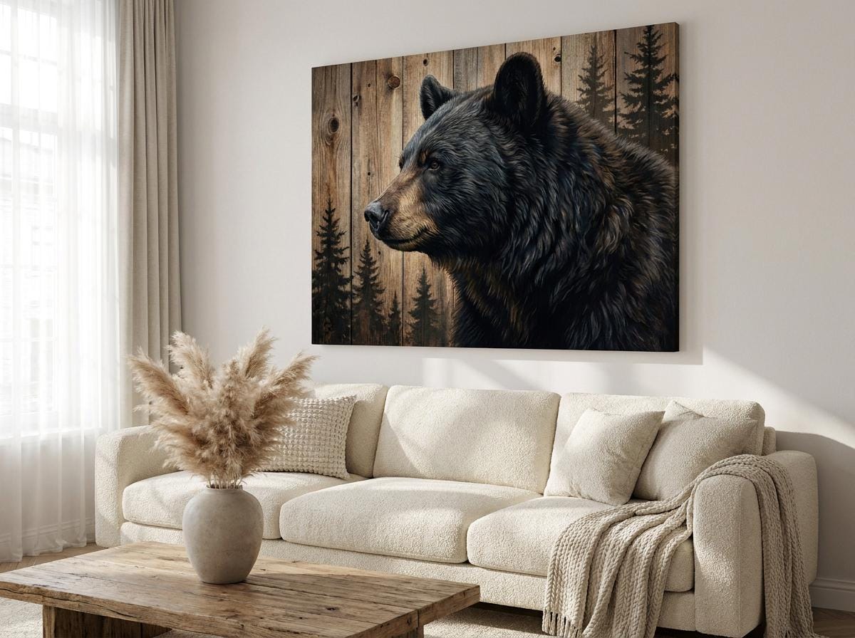Black Bear Wildlife Artwork Rustic Wood Pine Forest Animal Wall Design