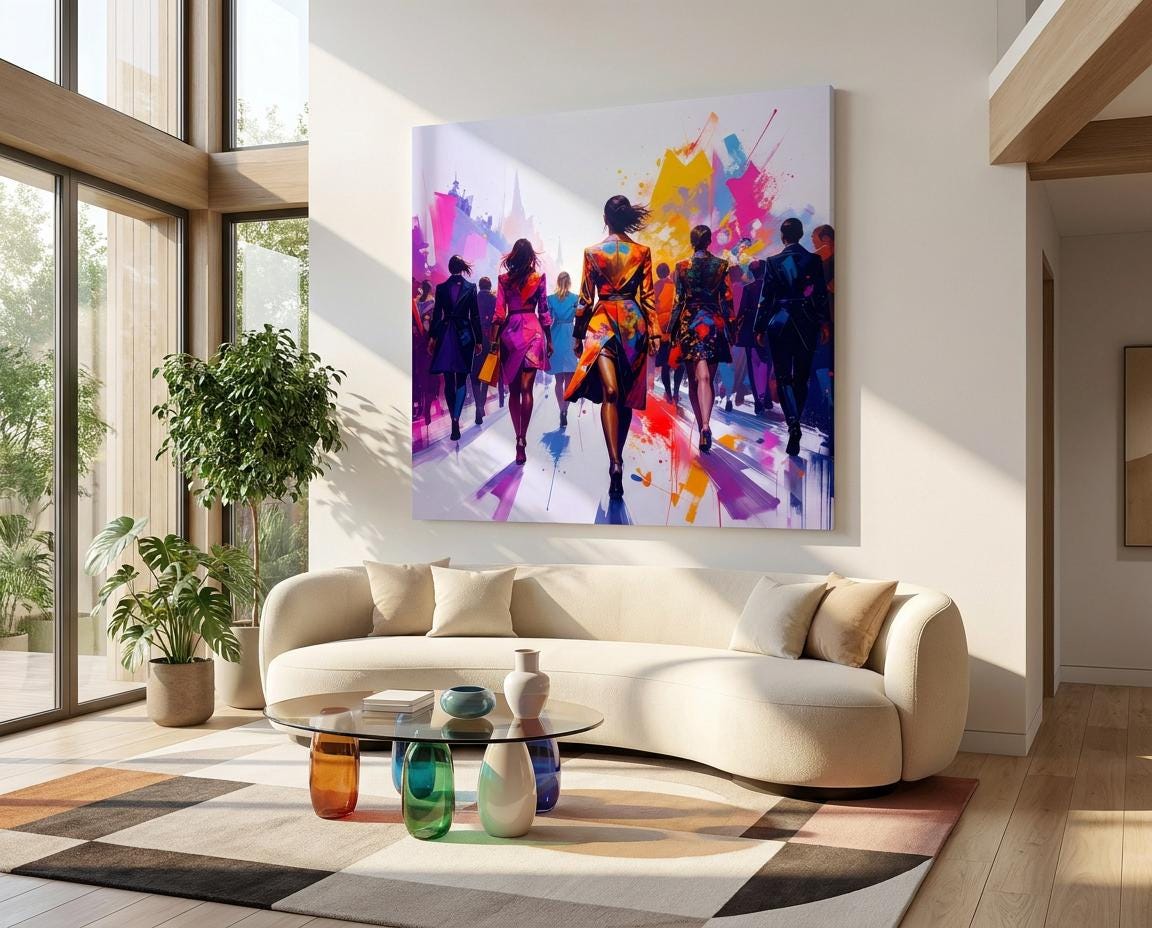 Modern Canvas Print: Vibrant Cityscape Art, Abstract Crowd Painting, Colorful Street Scene
