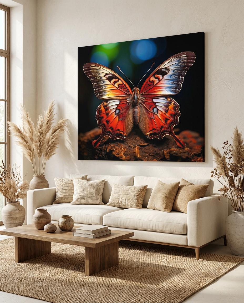 Vibrant Butterfly Wall Art: Detailed Red Orange Blue Insect Nature Home Decor Print