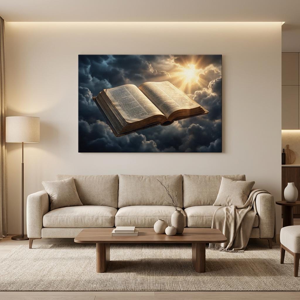 Open Bible Wall Art, Spiritual Sky Print, Christian Home Decor, Inspirational Religious Art, Divine Light Canvas Print, Sacred Book Artwork