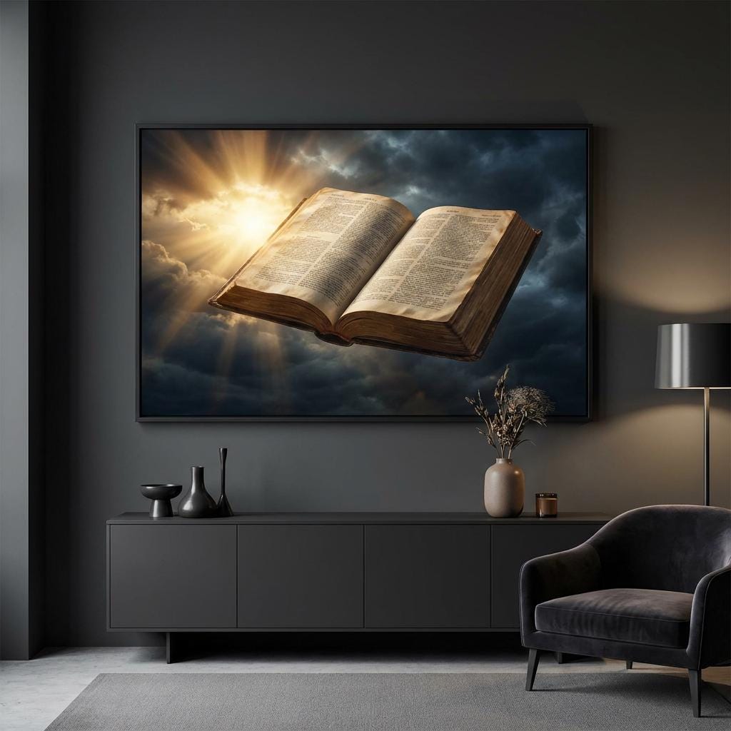 Open Bible Wall Art, Spiritual Sky Print, Christian Home Decor, Inspirational Religious Art, Divine Light Canvas Print, Sacred Book Artwork
