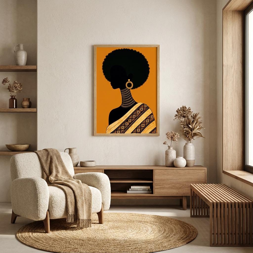 African Woman Art Print Digital Download, Afrocentric Wall Art, Black Woman Silhouette, Boho Decor, Ethnic Culture Art, Instant Digital