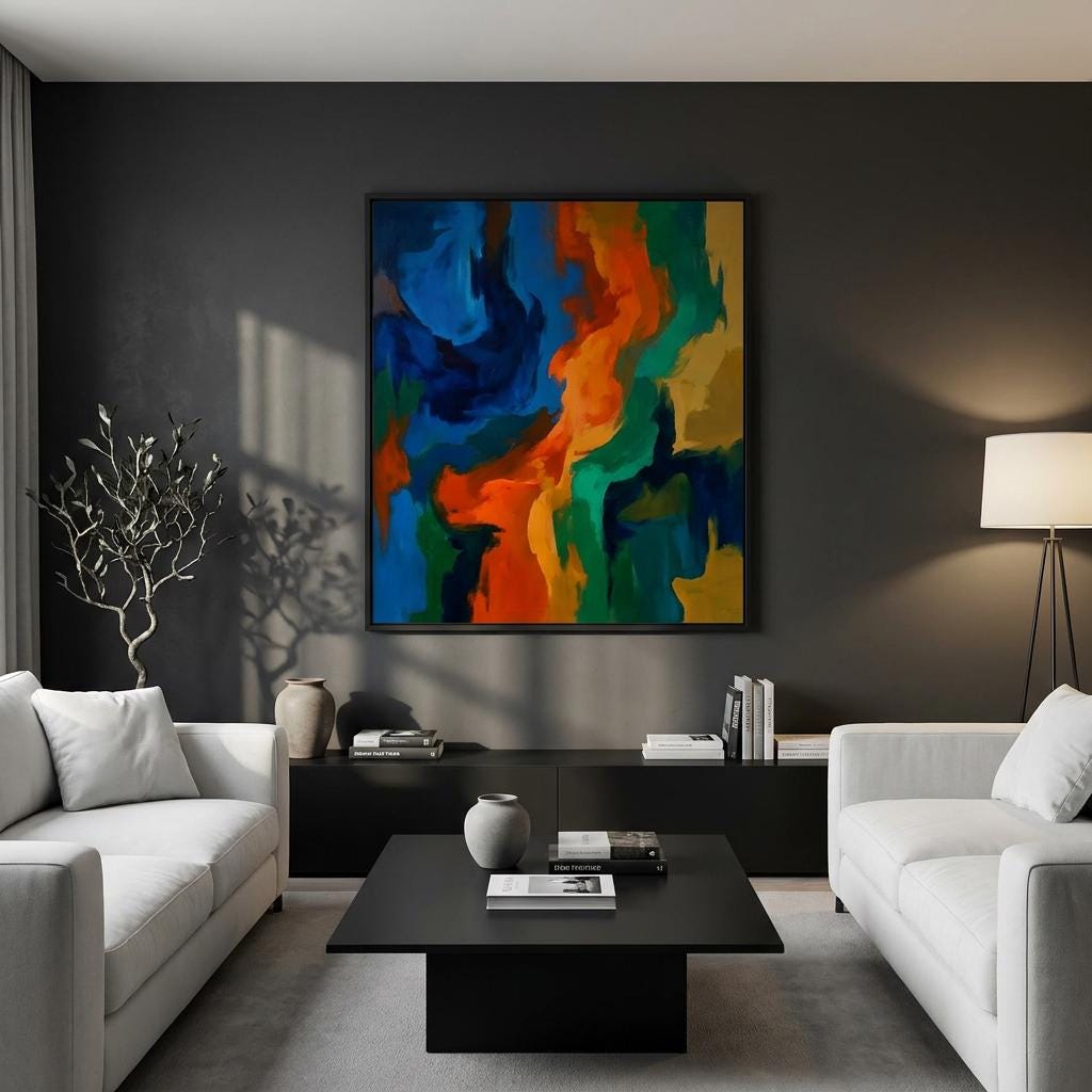 Vibrant Abstract Wall Art Print: Dynamic Teal Orange Blue Swirling Canvas Decor