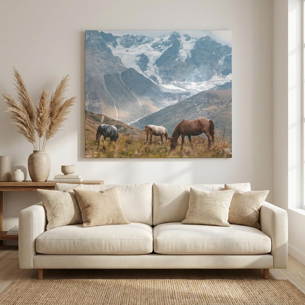 Mountain Glacier Landscape Print: Grazing Wild Horses, Alpine Scenery, Majestic Nature Artwork