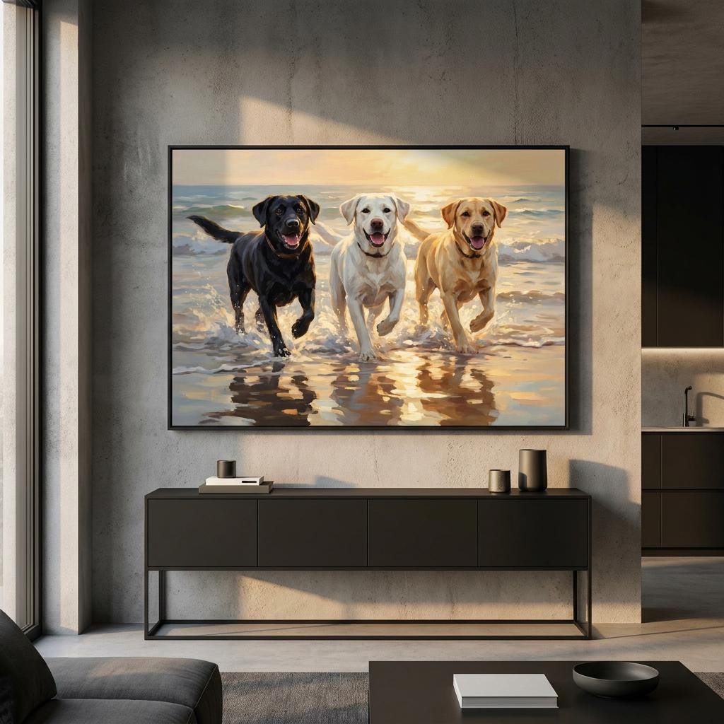 Labrador Dogs Wall Art: Three Retrievers Ocean Waves Beach Seascape Oil Painting