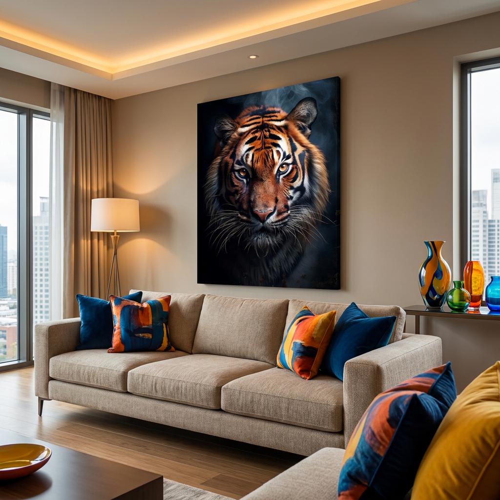 Majestic Tiger Portrait Wall Art: Realistic Detailed Big Cat Face, Dark Background