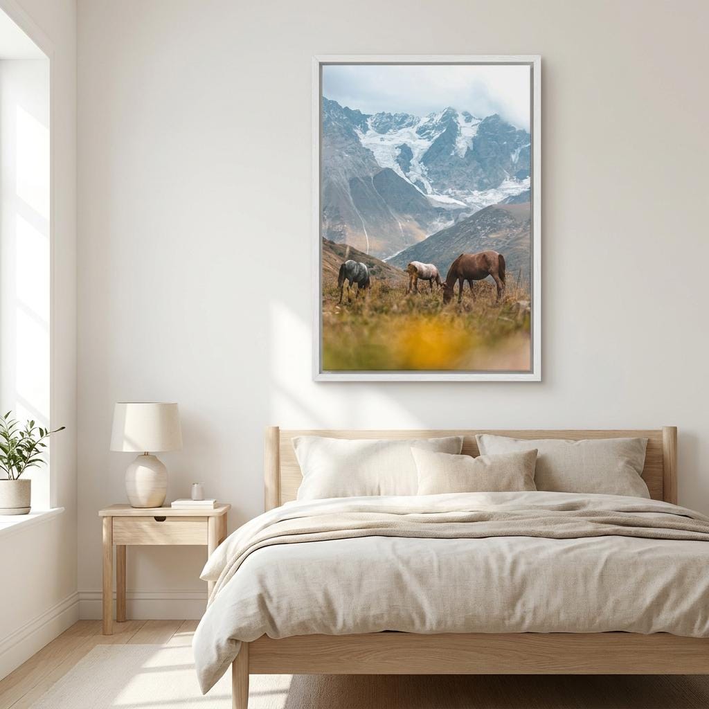 Mountain Glacier Landscape Print: Grazing Wild Horses, Alpine Scenery, Majestic Nature Artwork