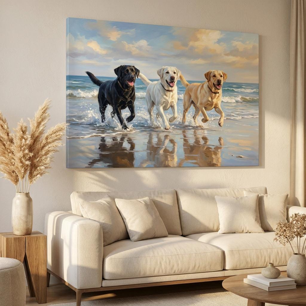 Labrador Dogs Wall Art: Three Retrievers Ocean Waves Beach Seascape Oil Painting