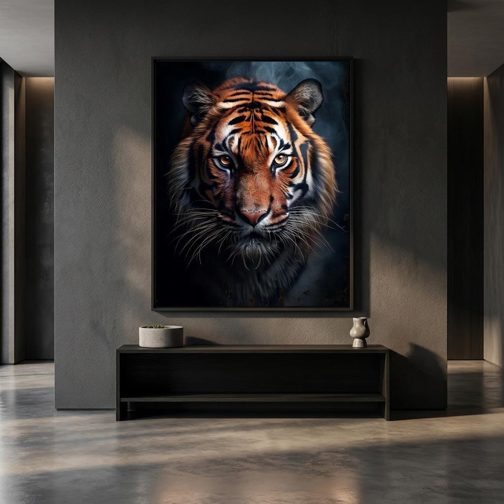 Majestic Tiger Portrait Wall Art: Realistic Detailed Big Cat Face, Dark Background