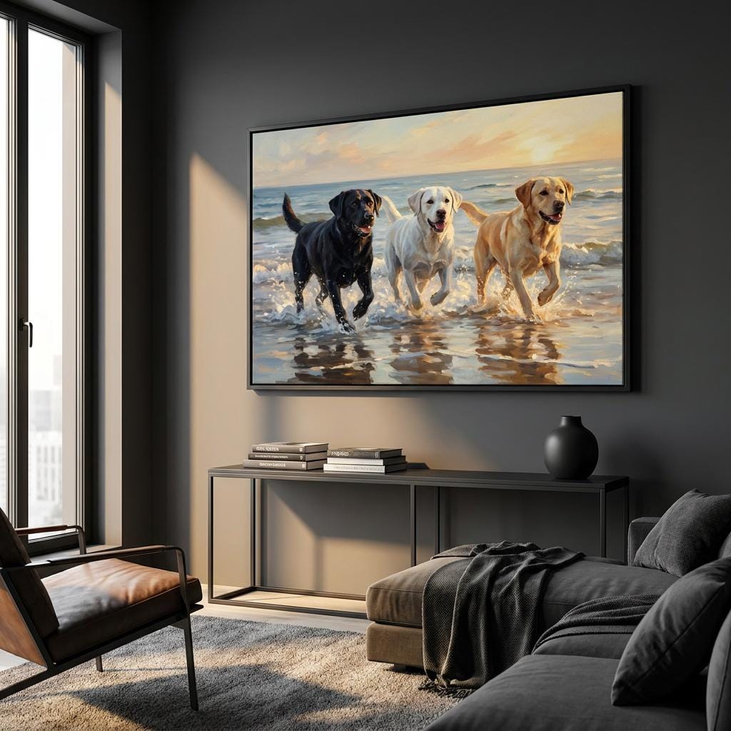 Labrador Dogs Wall Art: Three Retrievers Ocean Waves Beach Seascape Oil Painting