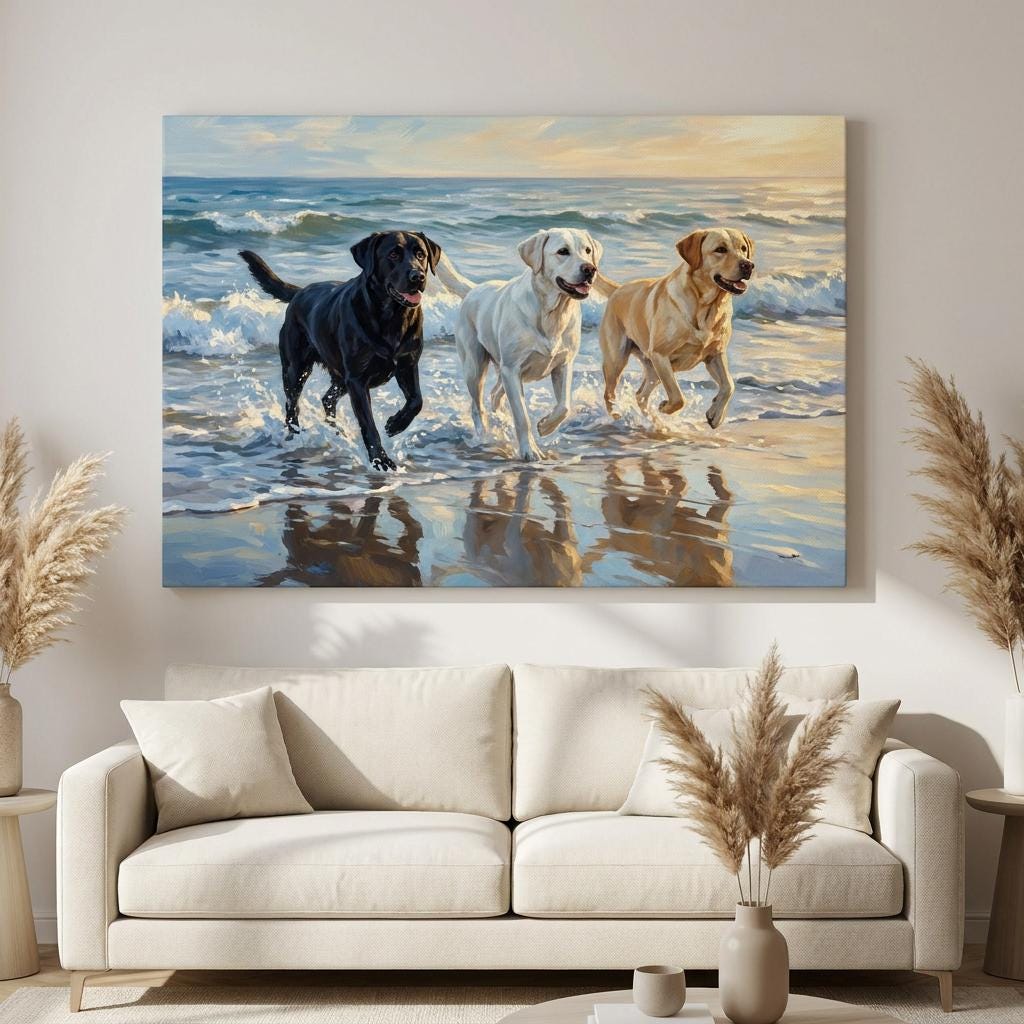 Labrador Dogs Wall Art: Three Retrievers Ocean Waves Beach Seascape Oil Painting