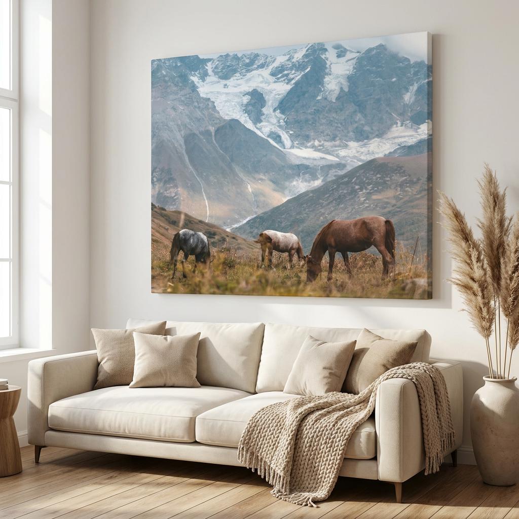Mountain Glacier Landscape Print: Grazing Wild Horses, Alpine Scenery, Majestic Nature Artwork