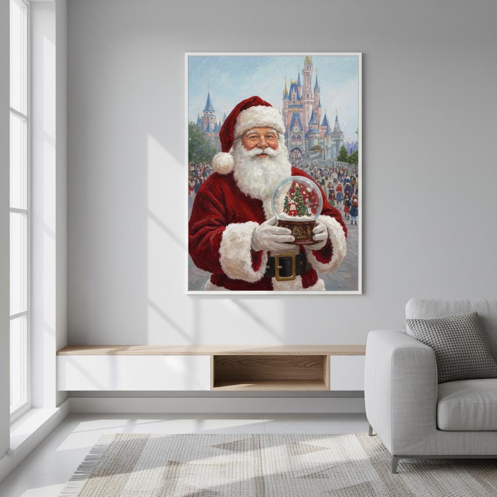 Jolly Santa Claus Painting: Christmas Snow Globe, Enchanted Castle Background Holiday Art Print