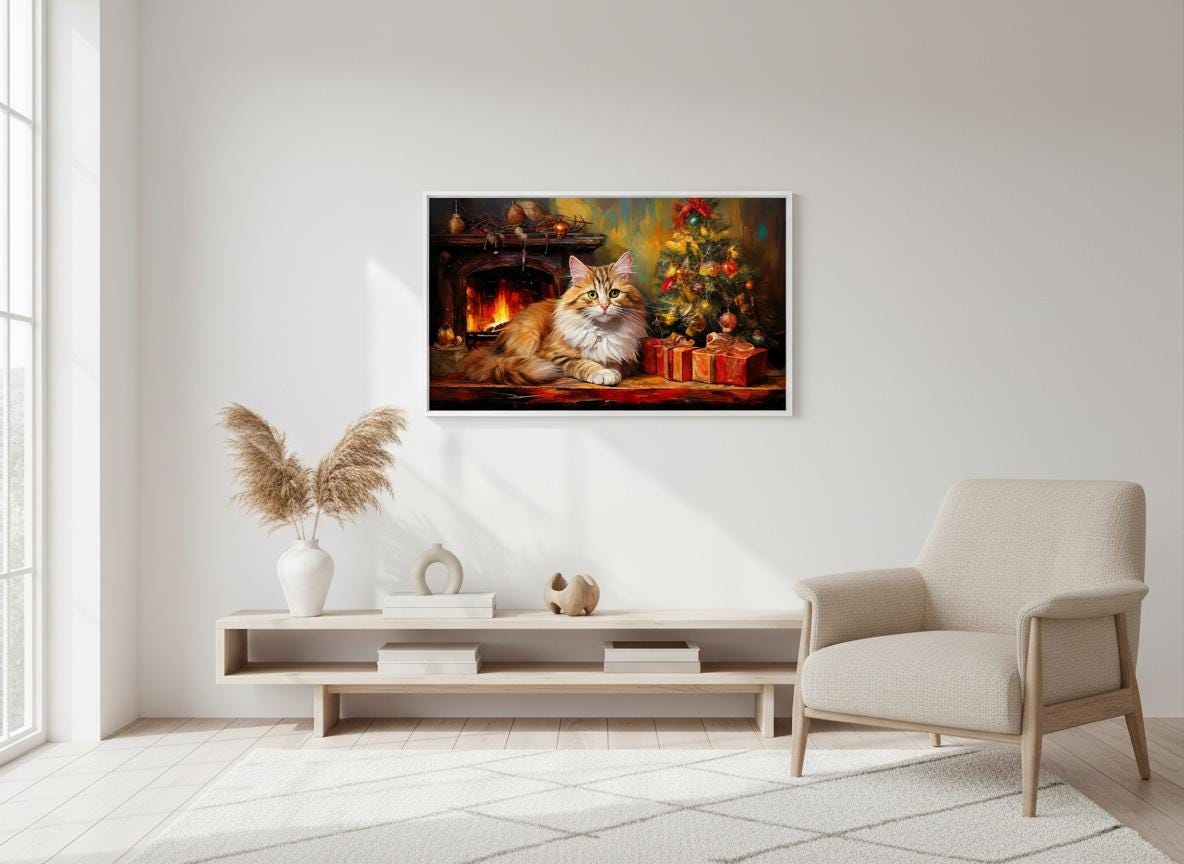 Maine Coon Cat Print: Cozy Christmas Fireplace, Festive Holiday Home Wall Decor