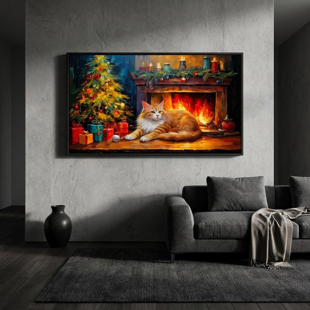 Orange Cat Painting, Christmas Fireplace Wall Art, Cozy Festive Tree Holiday Home Scene