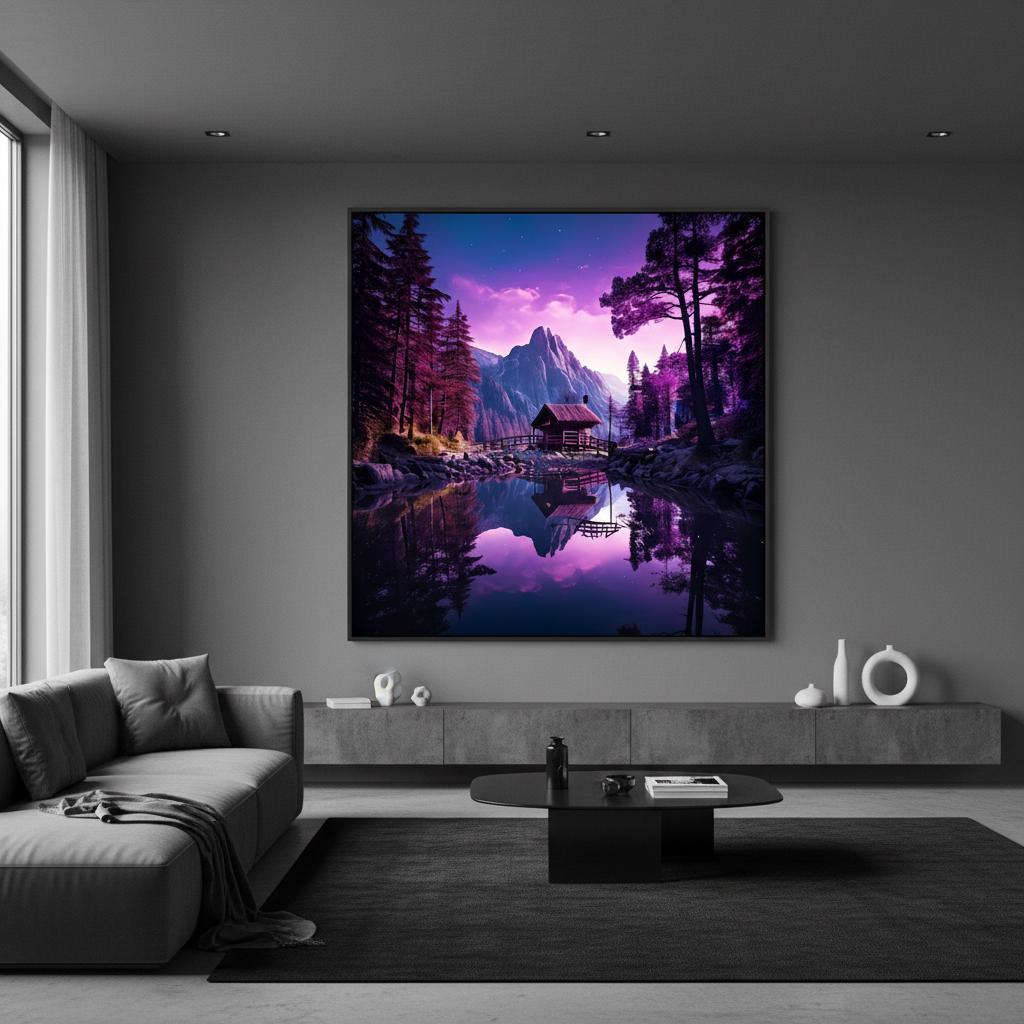 Purple Forest Mountain Lake Art Print: Reflective Cabin Twilight Landscape Wall Decor