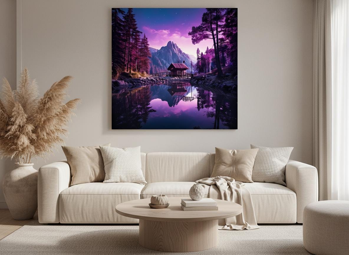 Purple Forest Mountain Lake Art Print: Reflective Cabin Twilight Landscape Wall Decor