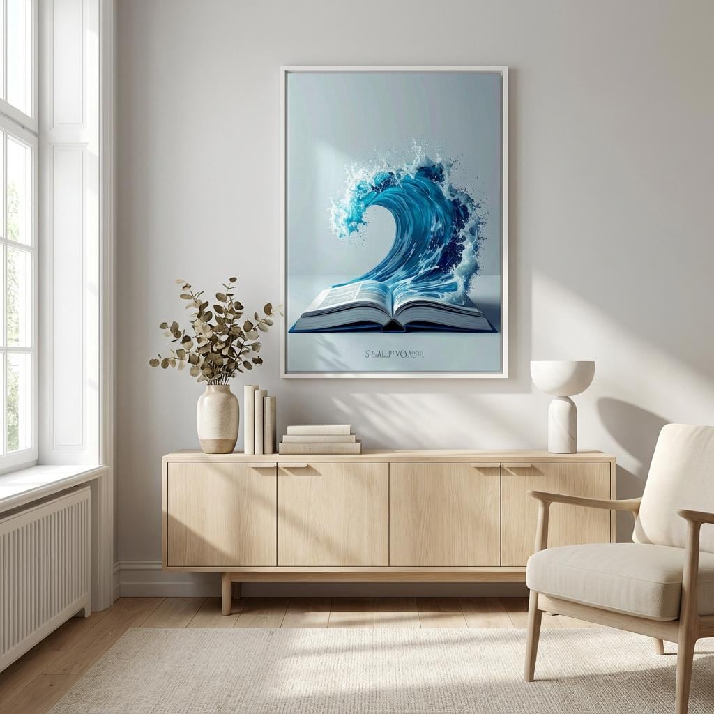 Ocean Wave Open Book Canvas Print: Dynamic Blue Water, Surreal Fantasy Wall Art