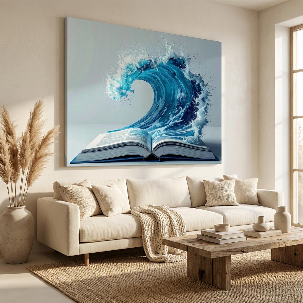Ocean Wave Open Book Canvas Print: Dynamic Blue Water, Surreal Fantasy Wall Art