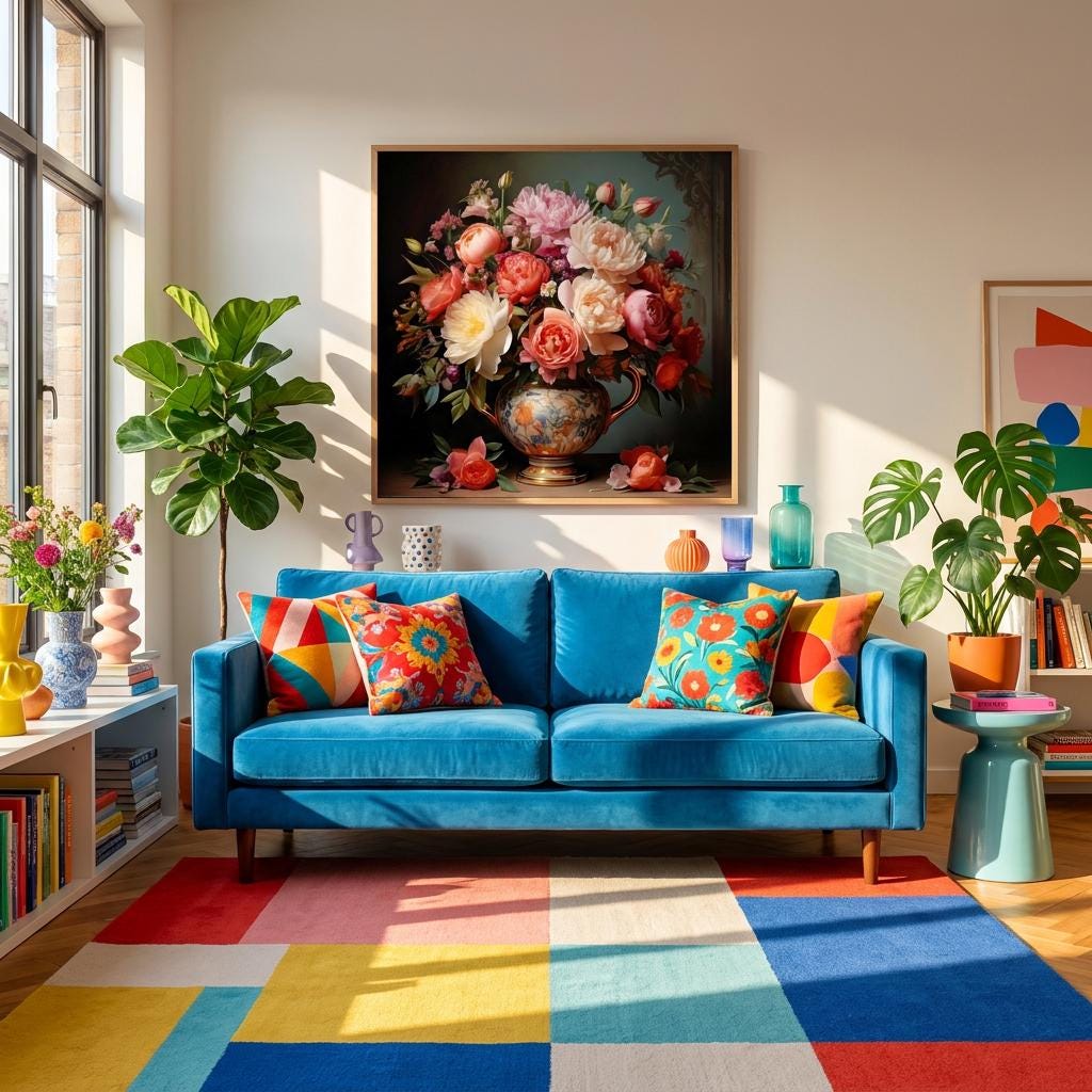 Floral Bouquet Canvas Print: Large Peony Rose Botanical Wall Art, Pink Red Yellow Bloom