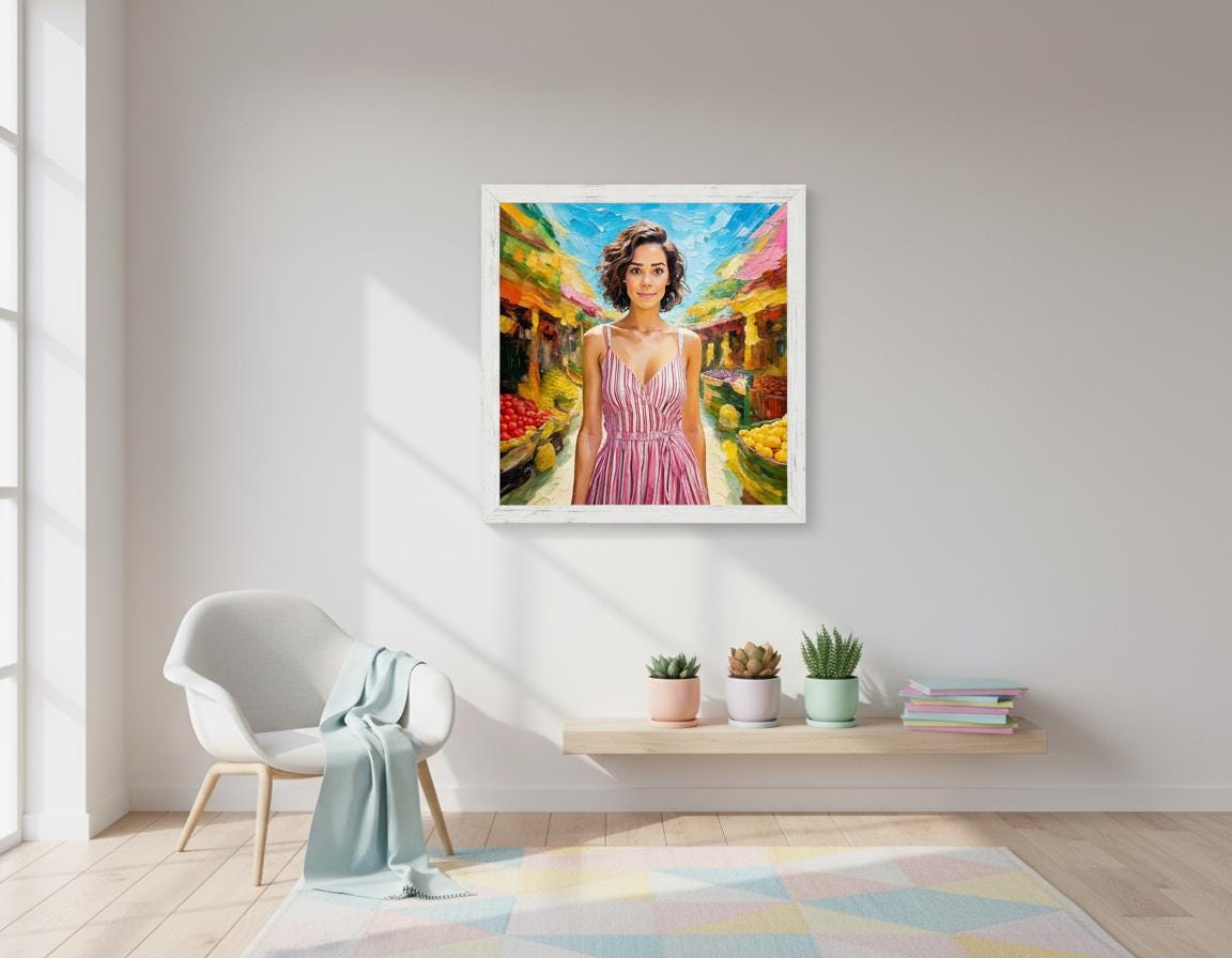 Vibrant Impressionist Market Woman Painting Print: Textured Palette Knife Art, Lively City Scene