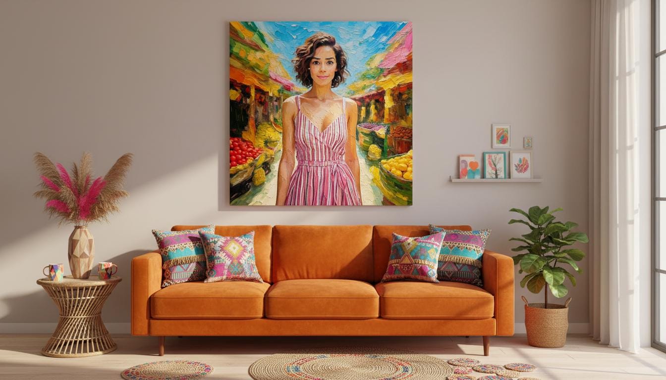 Vibrant Impressionist Market Woman Painting Print: Textured Palette Knife Art, Lively City Scene