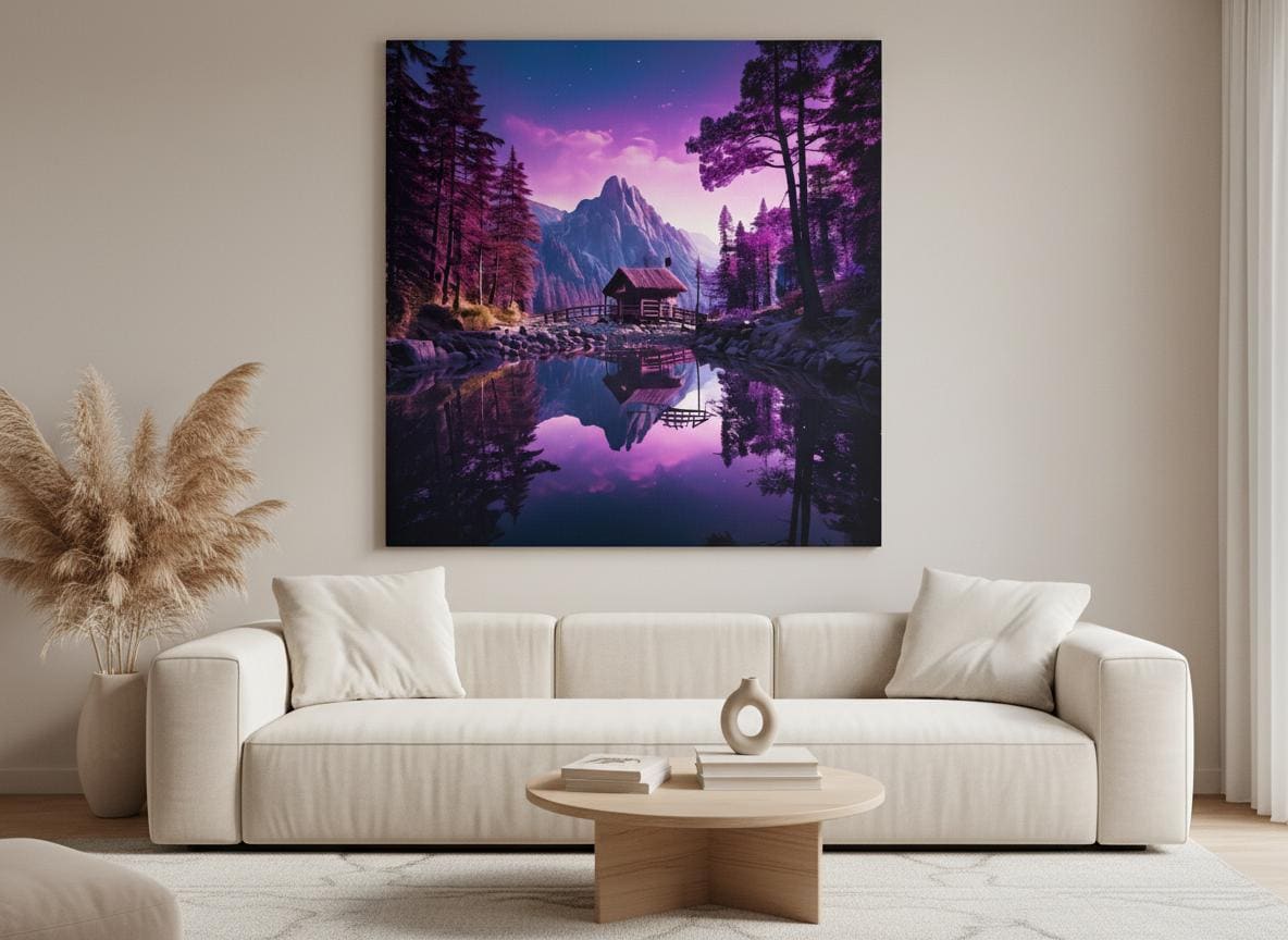 Purple Forest Mountain Lake Art Print: Reflective Cabin Twilight Landscape Wall Decor