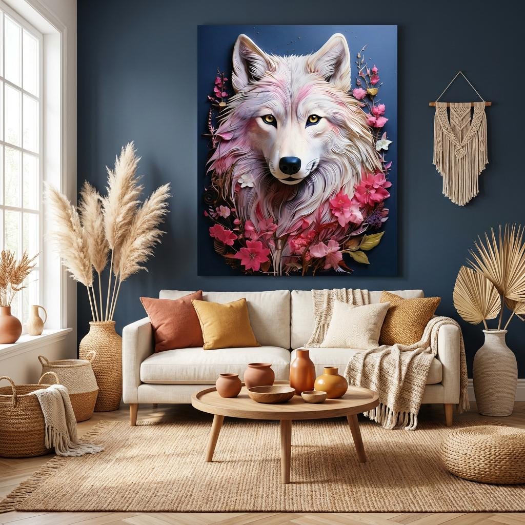 White Wolf Pink Floral Wall Art Print, Wildlife Animal Portrait Canvas, Dark Blue Decor