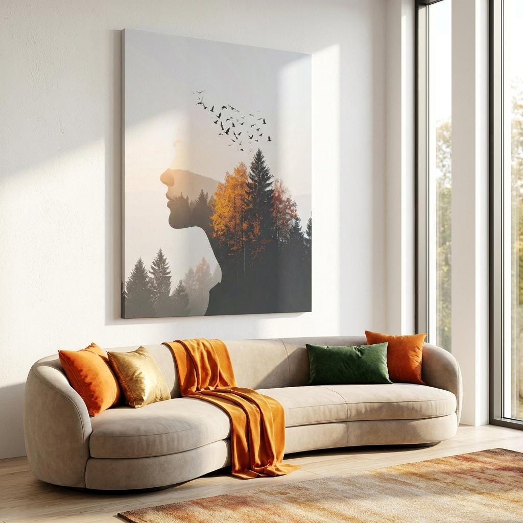 Woman Silhouette Forest Art Print: Double Exposure, Autumn Trees, Flying Birds, Nature Landscape