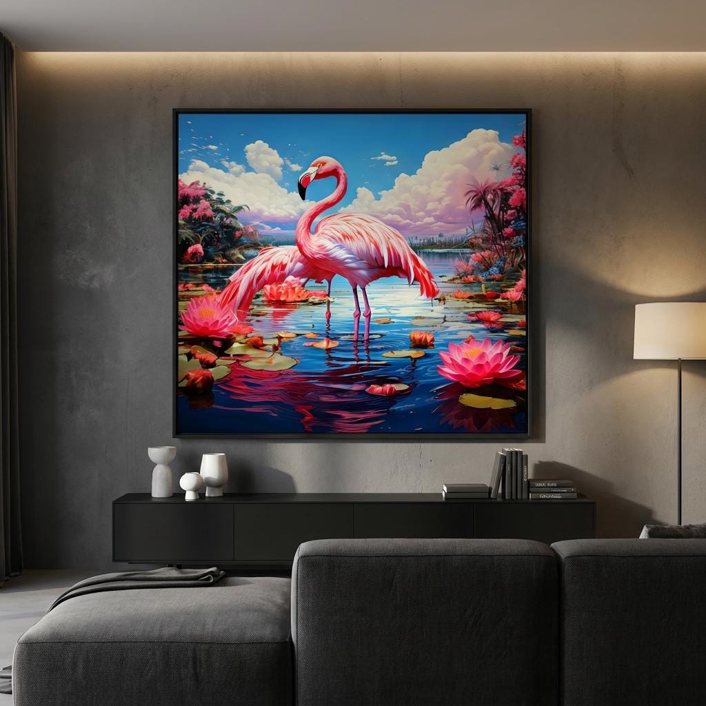 Pink Flamingo Artwork: Tropical Water Lily Pond, Vibrant Exotic Birds Nature Painting