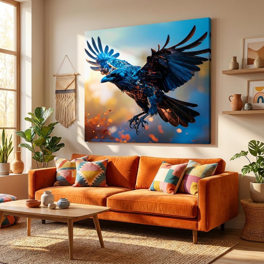 Vibrant Flying Raven Art Print: Blue Black Crow, Spread Wings, Modern Wildlife Decor