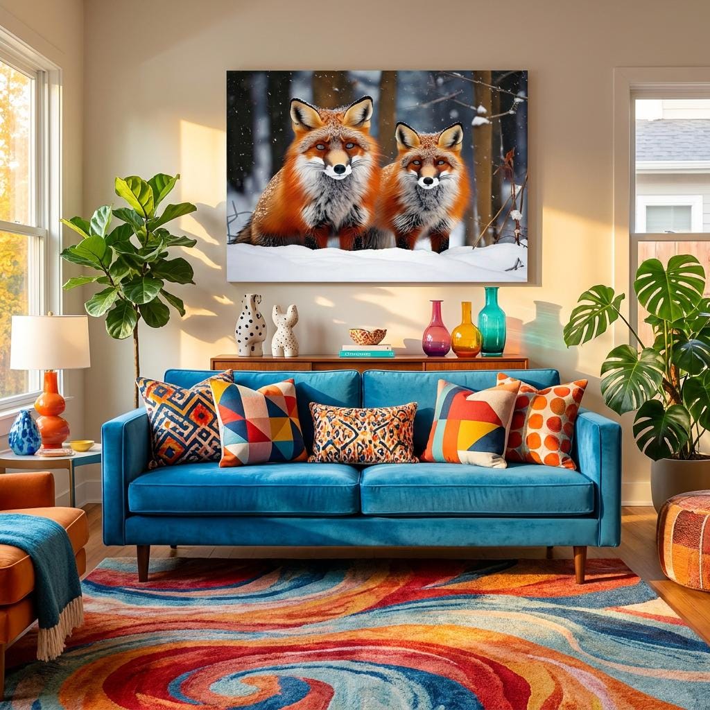 Two Foxes Wall Art Snowy Winter Forest Scene Wildlife Animal Home Decor Print