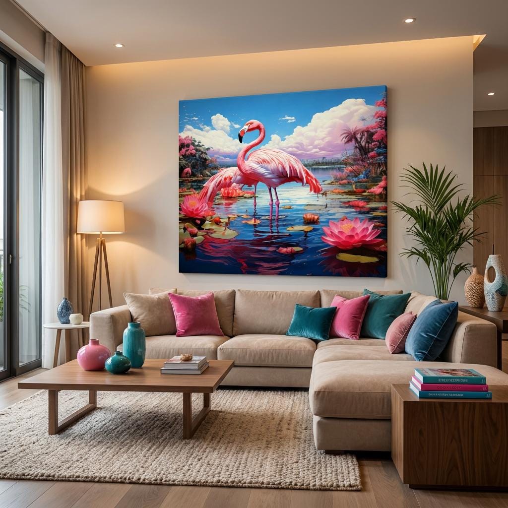 Pink Flamingo Artwork: Tropical Water Lily Pond, Vibrant Exotic Birds Nature Painting