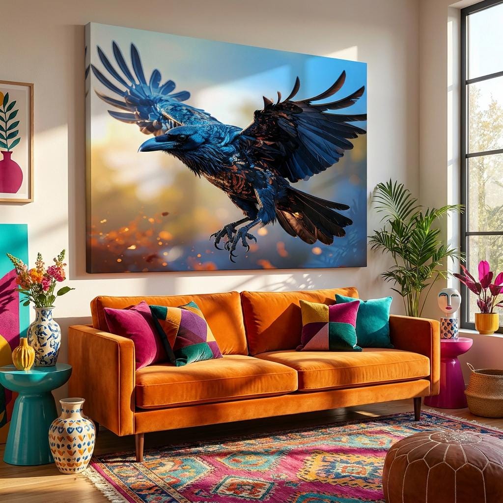 Vibrant Flying Raven Art Print: Blue Black Crow, Spread Wings, Modern Wildlife Decor