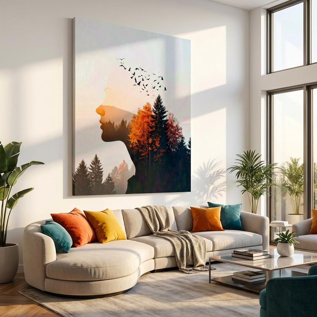 Woman Silhouette Forest Art Print: Double Exposure, Autumn Trees, Flying Birds, Nature Landscape
