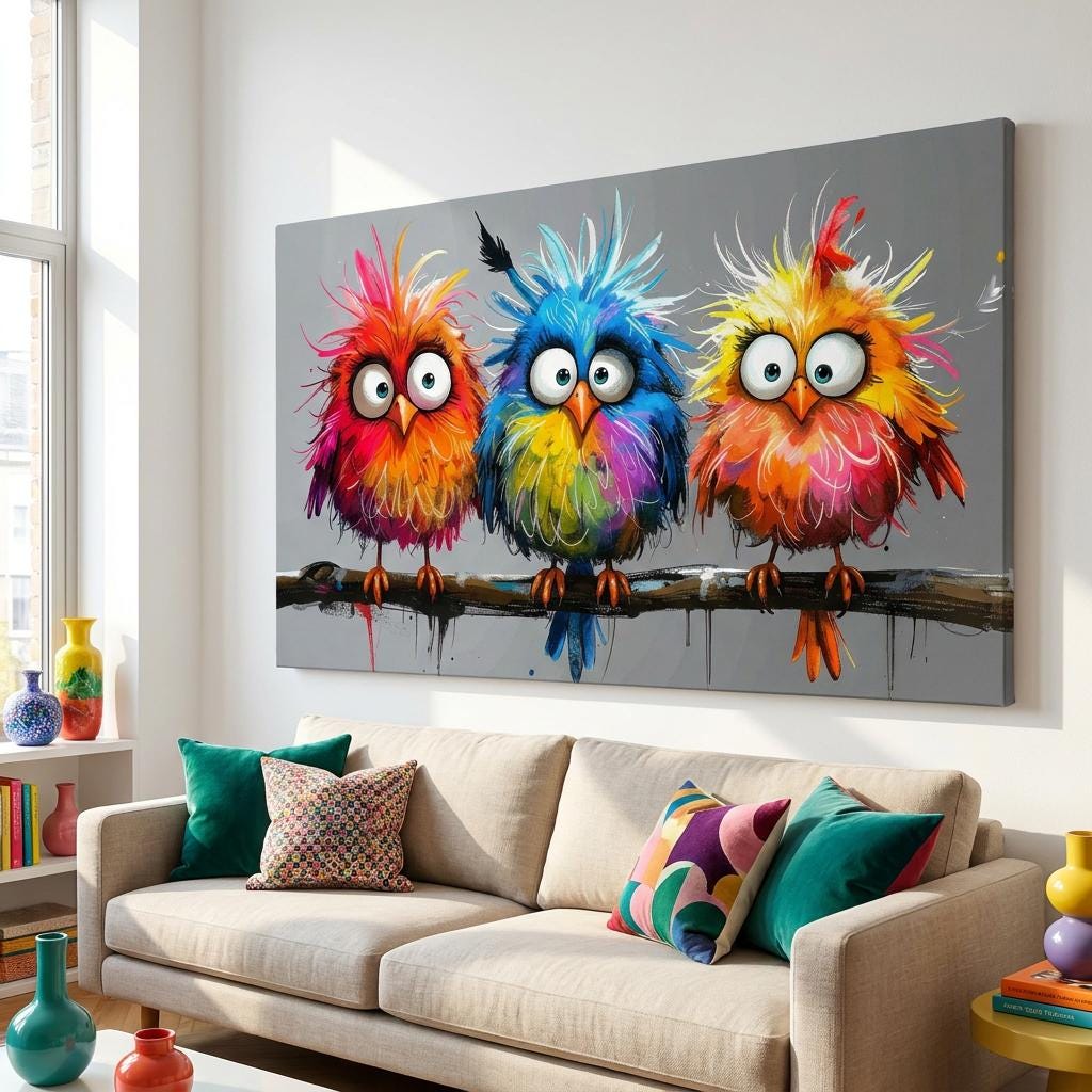 Vibrant Whimsical Colorful Birds Wall Art: Eye-catching Abstract Funny Animal Painting Decor