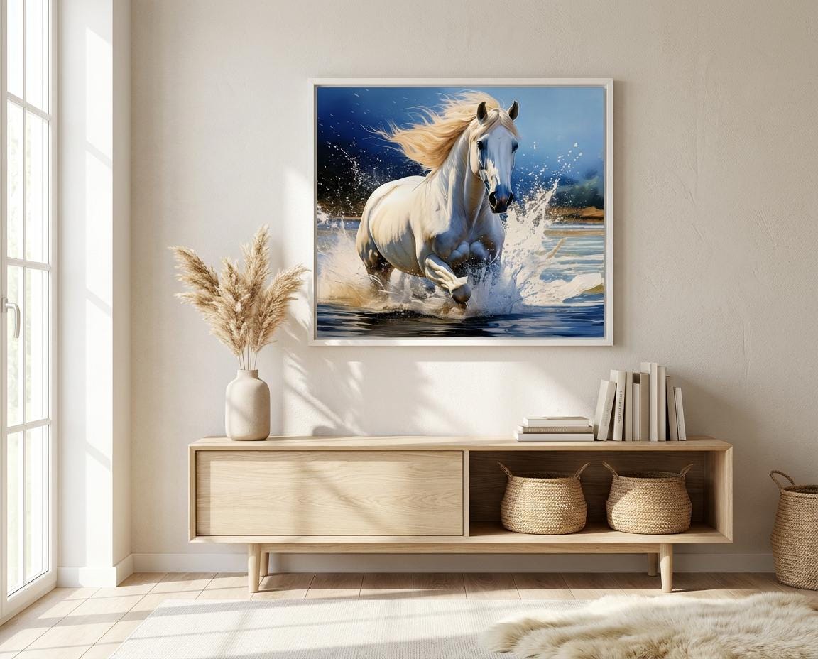 White Horse Wall Art Print: Galloping Stallion, Dynamic Water Splash Action Decor