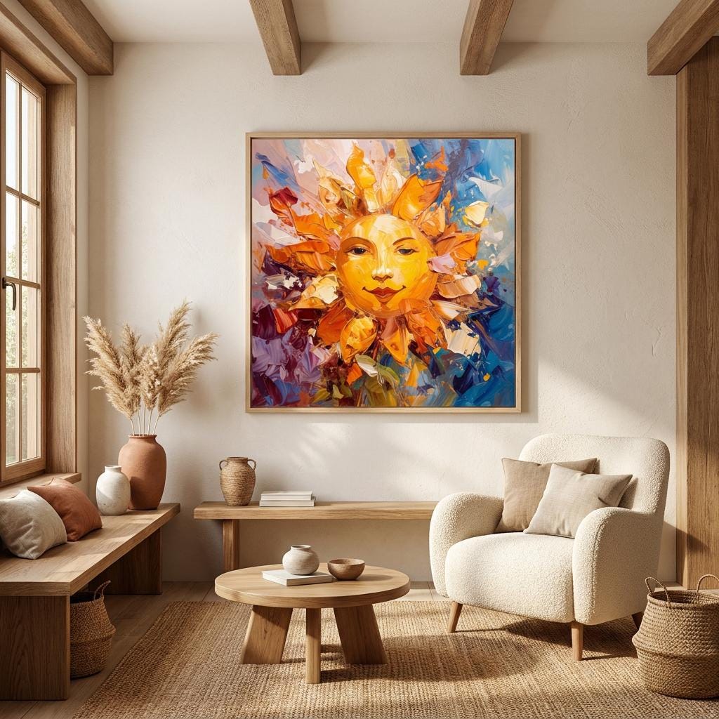 Vibrant Abstract Sun Face Canvas Art: Textured Impasto Oil Painting, Colorful Bohemian Decor