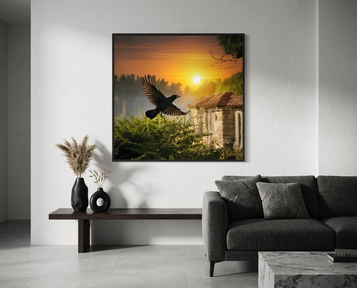 Black Crow Flying Sunset Wall Art Print: Forest Cabin Landscape Golden Hour Nature Scene