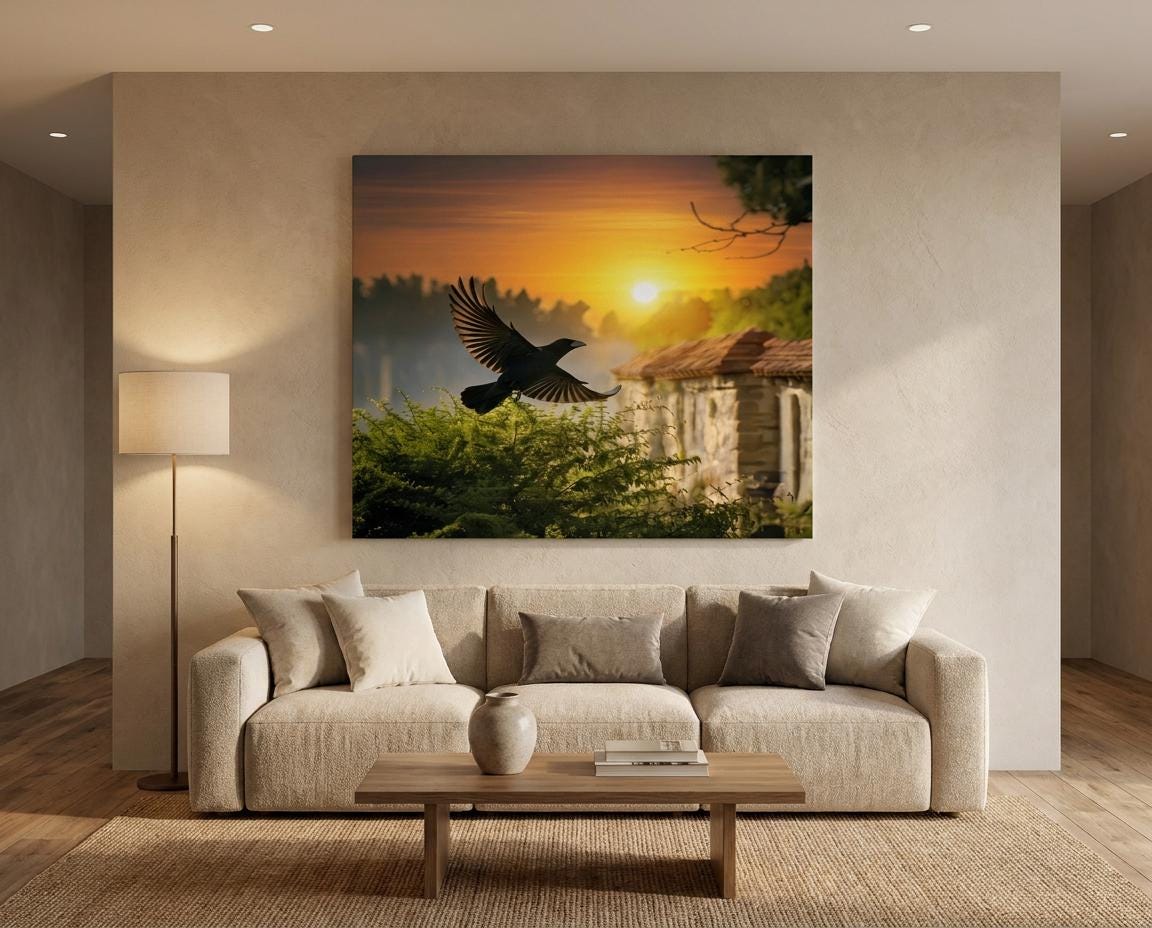 Black Crow Flying Sunset Wall Art Print: Forest Cabin Landscape Golden Hour Nature Scene