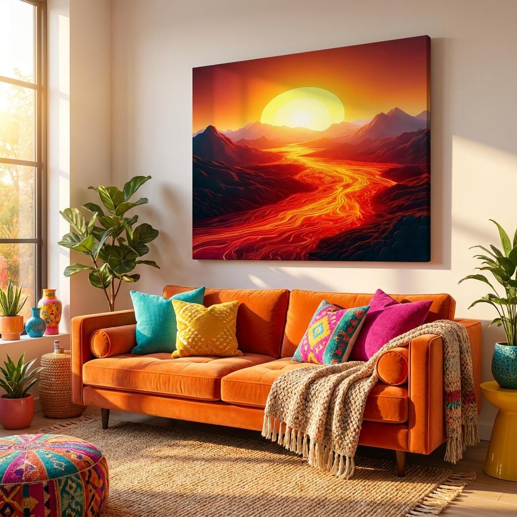Lava River Sunset Mountain Art Print: Dramatic Fiery Landscape Wall Decor Abstract Scene