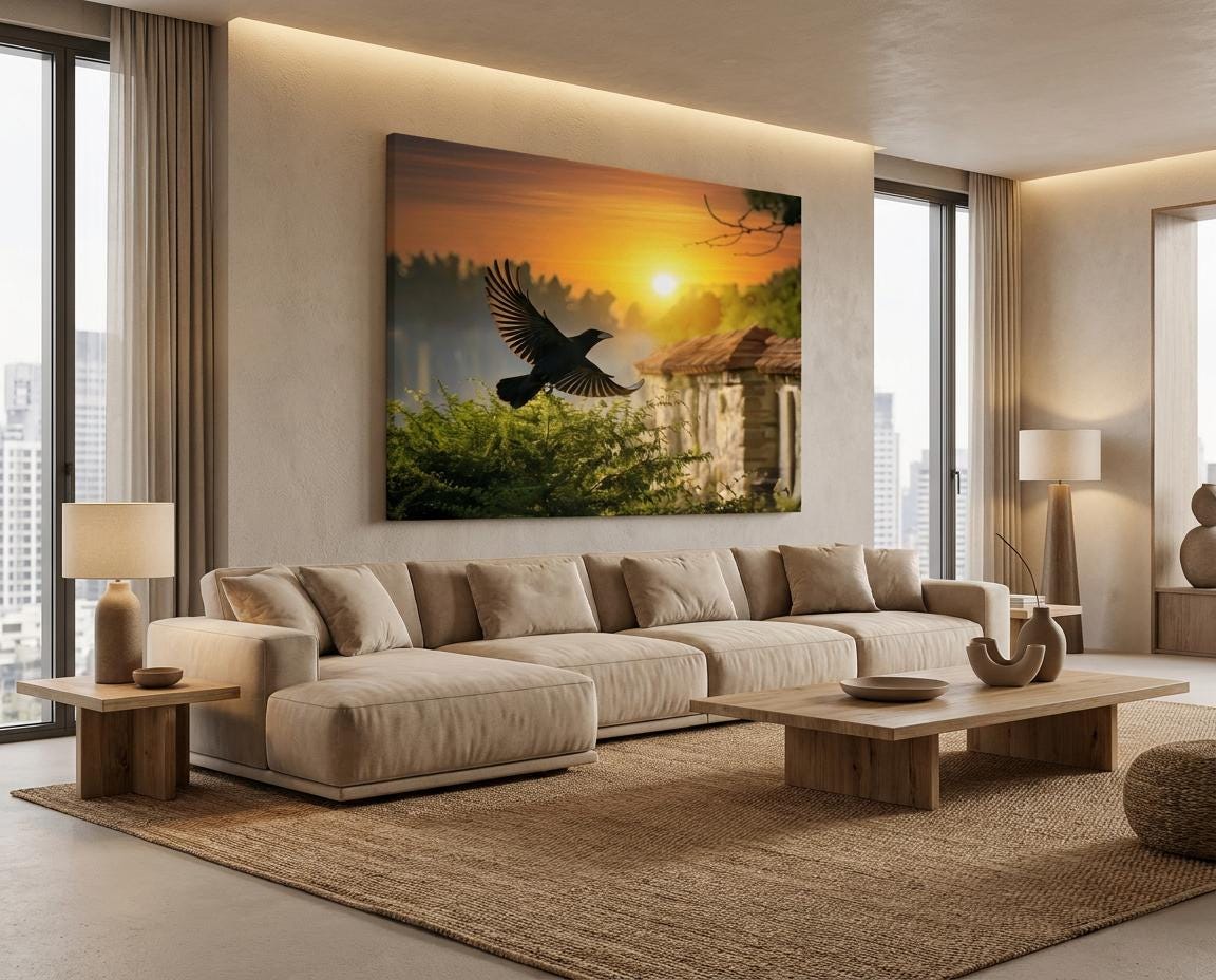 Black Crow Flying Sunset Wall Art Print: Forest Cabin Landscape Golden Hour Nature Scene