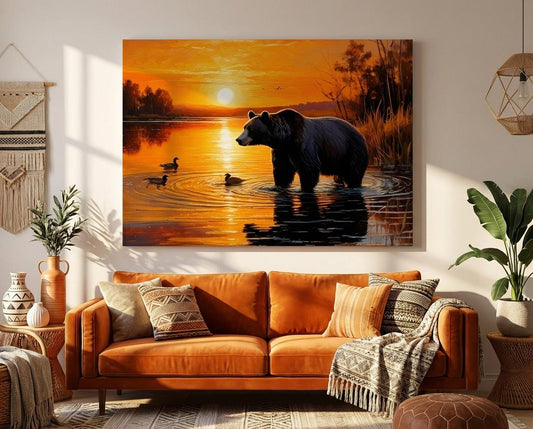 Black Bear Sunset Lake Canvas Print: Wildlife Nature Golden Hour Reflection Art