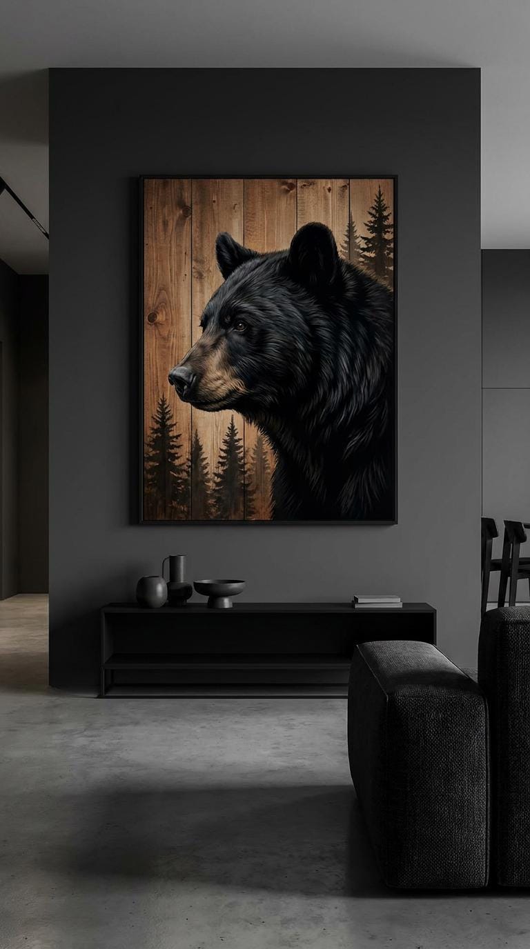 Black Bear Wildlife Artwork Rustic Wood Pine Forest Animal Wall Design