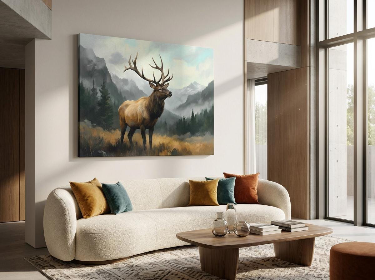 Elk Art Print: Majestic Rocky Mountain Wildlife, Forest Meadow Golden Hour Landscape