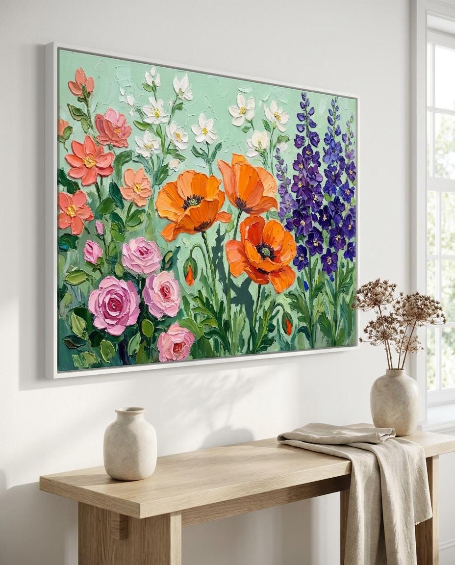 Colorful Textured Flower Painting: Poppy Rose Impasto Art Mint Green Wall Decor