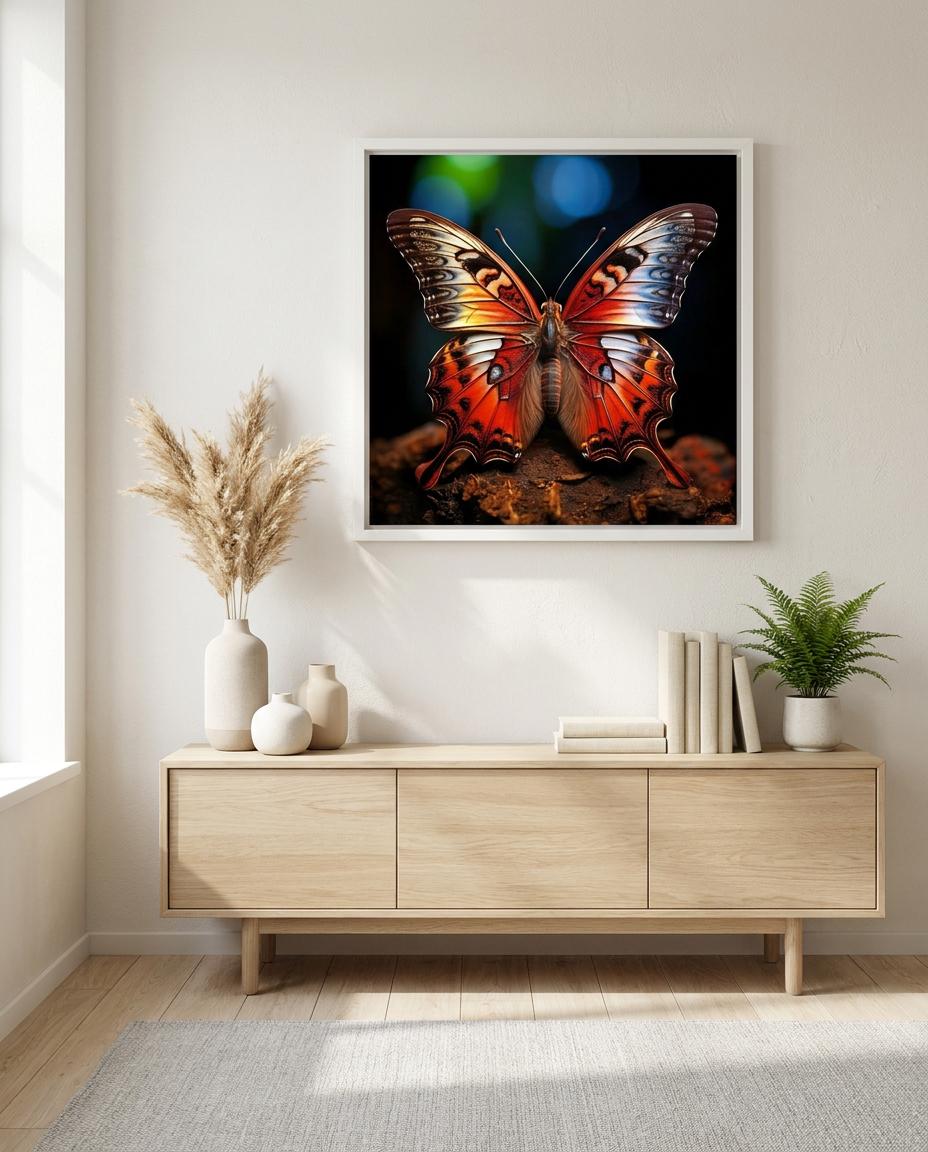 Vibrant Butterfly Wall Art: Detailed Red Orange Blue Insect Nature Home Decor Print
