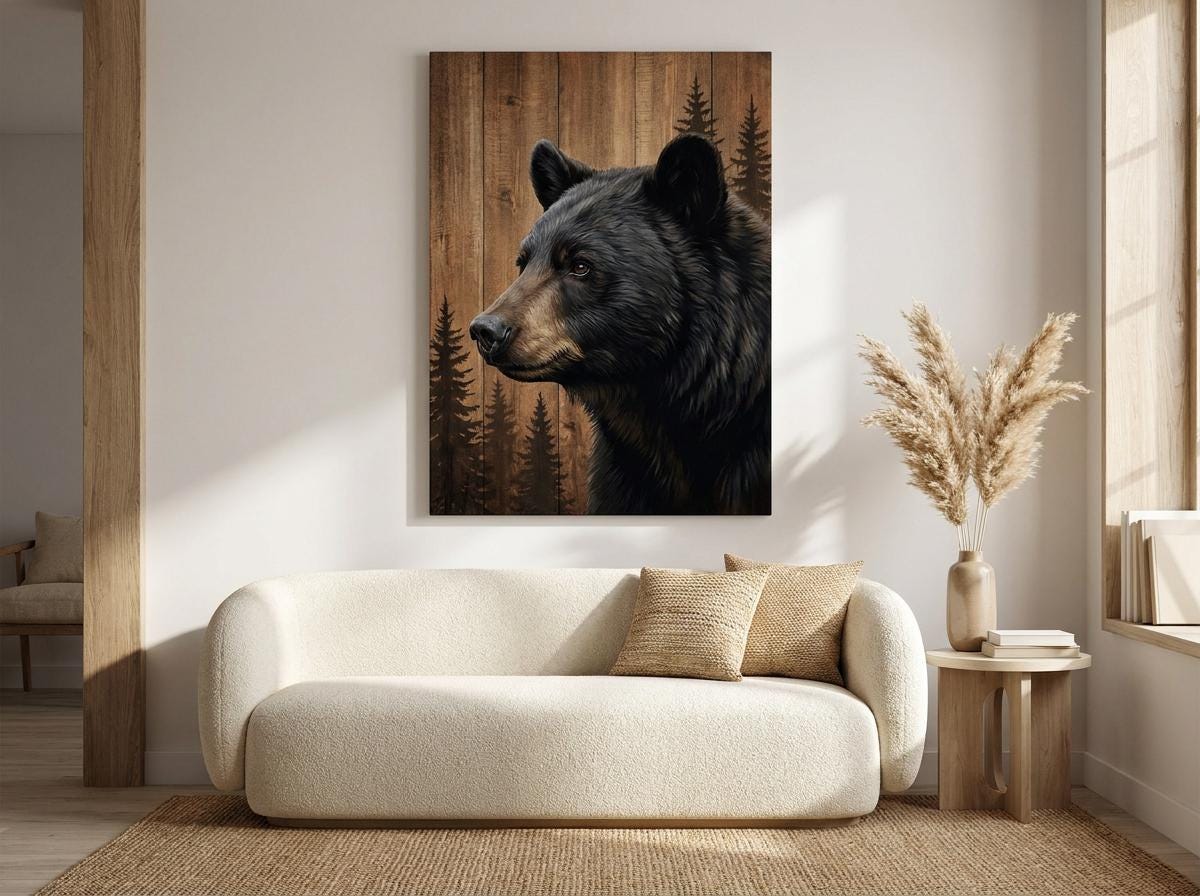 Black Bear Wildlife Artwork Rustic Wood Pine Forest Animal Wall Design